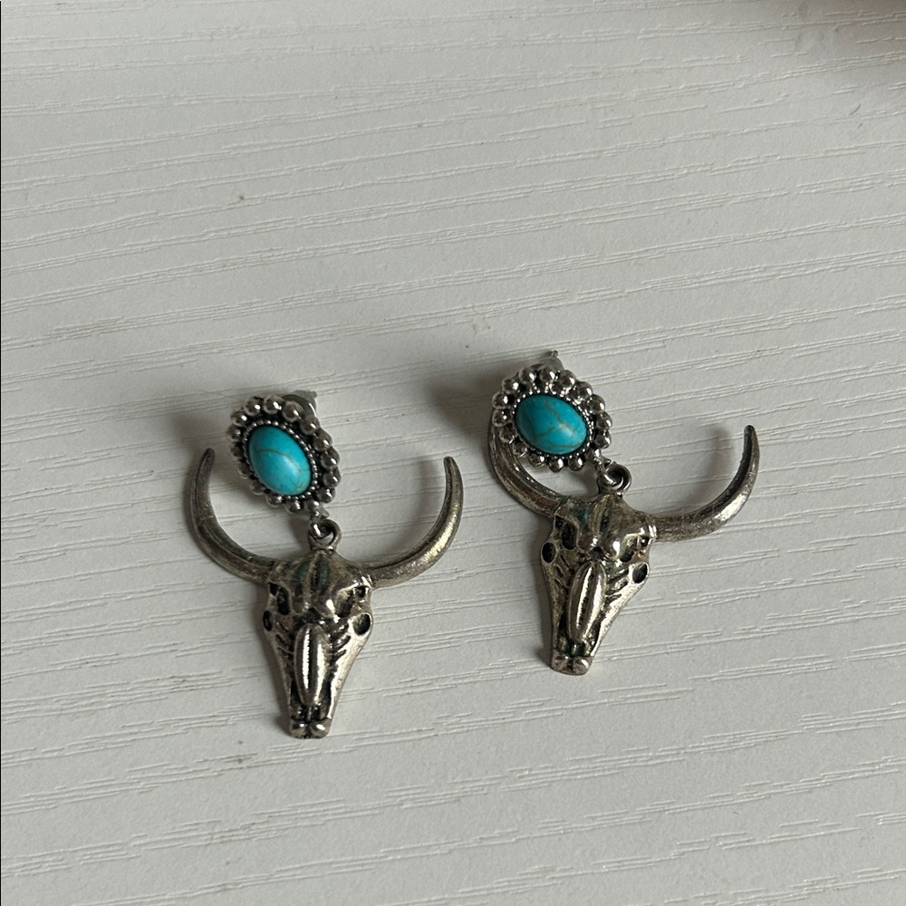 Silver Bull Skull Earrings with Turquoise Accent